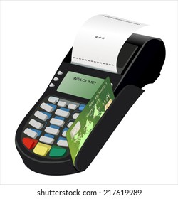 POS terminal with inserted credit card and printed reciept.