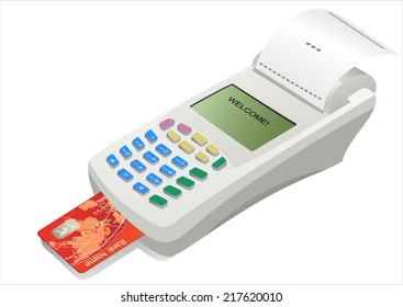 POS terminal with inserted credit card and printed reciept.