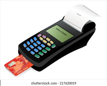 POS terminal with inserted credit card and printed reciept.