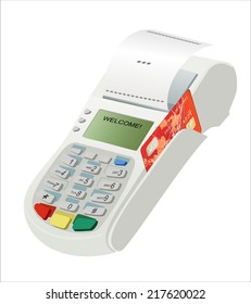 POS terminal with inserted credit card and printed reciept.