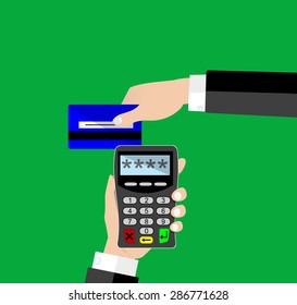 POS terminal with inserted credit card . Modern flat design element. EPS10 vector.