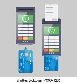 POS terminal with inserted credit card and printed receipt