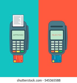 POS terminal with inserted credit card and printed reciept. Modern flat design element. EPS10 vector