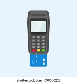 POS terminal with inserted credit card flat detailed illustration.