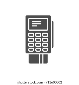 Pos terminal with inserted credit card black icon.
