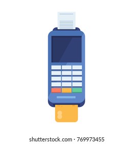 POS terminal with inserted credit card and check. Payment terminal for clearing settlement. Vector illustration.