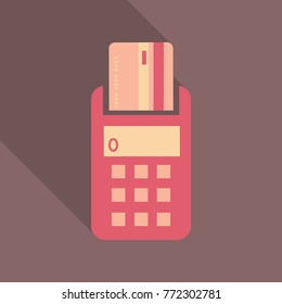 POS terminal with inserted credit card and printed reciept. Modern flat design element. EPS10 vector.