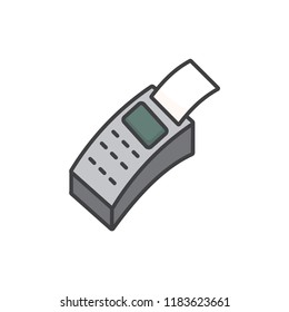 Pos terminal with inserted receipt side view colored line icon.