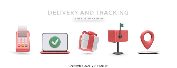 POS Terminal, Laptop with Checkmark, Gift Box, Mailbox, and Location Pin in 3D Style. Designed for Delivery Tracking, Shipping Status, and Online Order Systems. Vector Illustration.