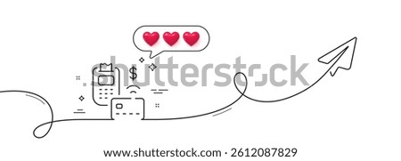Pos terminal line icon. Continuous line with share plane. Credit card sign. Non-cash money pay symbol. Hearts rate review in speech bubble. Pos terminal single line ribbon. Loop curve pattern. Vector