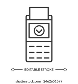 POS terminal linear icon. Successful transaction. Payment processing. Paying credit card. Retail technology. Thin line illustration. Contour symbol. Vector outline drawing. Editable stroke