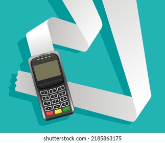 POS terminal with long tape for fiscal receipts. Vector illustration or banner for banking or shopping services