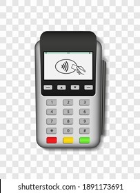 Pos terminal. Machine for payment of credit card. 3d realistic mockup of terminal with swipe for pay. Silver device with screen for electronic purchases. NFC cashless transaction concept. Vector.