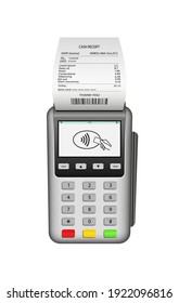 Pos terminal. Pos machine for payment. nfc pay with invoice. Card pay in terminal with receipt. Realistic mockup of wireless payment with help credit, debit card. Device for purchase. Vector.