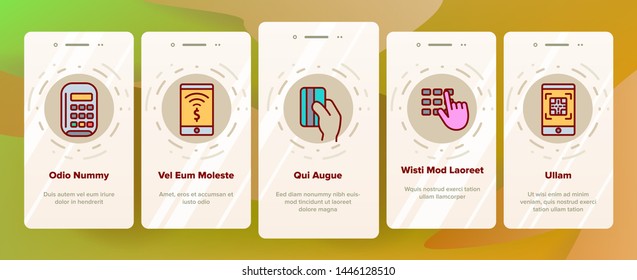 POS Terminal, Mobile Payment Vector Onboarding Mobile App Page Screen. POS, Cashless E-Payment Machine Outline Symbols. Financial Transaction, Billing System. Banking And Finance Illustrations