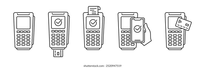 POS terminal with NFC payment icons set. Wireless pay. Pay pass, card and print check. Vector.