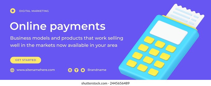 POS terminal online banking NFC payment machine with receipt contactless purchase social media banner template 3d icon vector illustration. Shopping processing transaction e money reader device