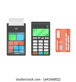 Pos terminal, online cash desk and card for payment. Banking items. Cash desk issues a check. Contactless payment. Vector flat illustration isolated.