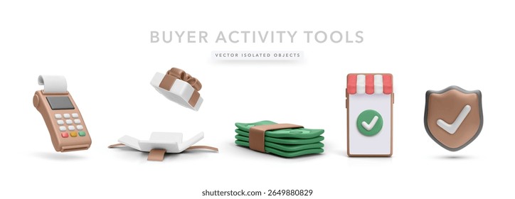 POS Terminal, Opened Gift Box, Stack of Cash, Storefront Screen with Checkmark, and Security Shield in Stylish 3D. Vector Illustration for Buyer Protection and Payment Verification Concepts.