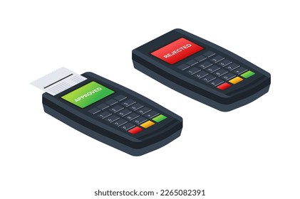 POS Terminal, Paper Receipt. Approved, Rejected Payment. NFC Payments Device.