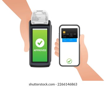 Terminal POS, recibo de papel. Aprobado, Pago Rechazado. Mano sosteniendo un smartphone. Dispositivo de pagos NFC.