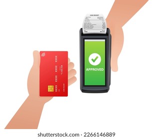 POS Terminal, Paper Receipt. Approved, Rejected Payment. Hand holding bank card. NFC Payments Device.