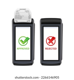 POS Terminal, Paper Receipt. Approved, Rejected Payment. NFC Payments Device.