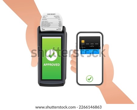 POS Terminal, Paper Receipt. Approved, Rejected Payment. Hand holding smartphone. NFC Payments Device.