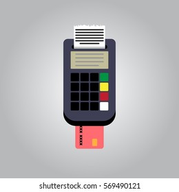 pos terminal, paper receipt and debit credit bank card. cashless payment. Vector illustration in flat design on blue background