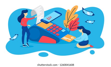 POS terminal for payment by credit card. Idea of bank and shopping. Device for debit card. Vector flat illustration