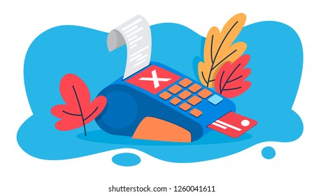 POS terminal for payment by credit card. Idea of bank and shopping. Device for debit card. Payment rejected. Vector flat illustration