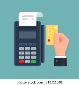 POS terminal payment by credit card. Hand holding card. Vector illustration.