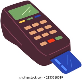 Pos Terminal, Payment By Debit Credit Card, Pin Code. NFC Technology. Pay For Purchases Using Card At Supermarket Concept. Device For Contactless Payment With Buttons Isolated On White Background