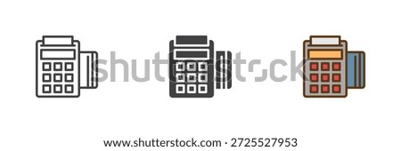 POS terminal payment device different style icon set. Line, solid and filled outline colorful icon, vector sign and symbol. POS icon for grocery checkout and card payment icon.