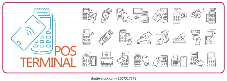 Pos Terminal Payment line icon with Credit Card and Check. Outline sign set