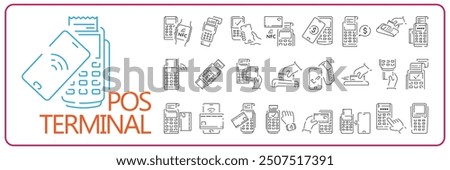 Pos Terminal Payment line icon with Credit Card and Check. Outline sign set