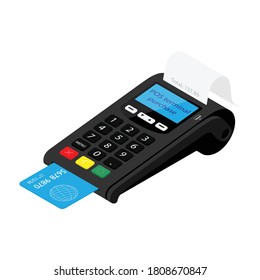 POS Terminal payment machine and bank credit card isolated on white background. Bank Payment Terminal. Processing NFC payments device. Isometric view