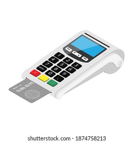 POS Terminal payment machine and bank credit card isolated on white background. Bank Payment Terminal. Processing NFC payments device. Isometric view