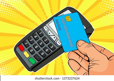 POS terminal, Payment Machine with credit card. Contactless payment with NFC technology. Colorful vector illustration in pop art retro comic style