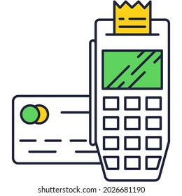 POS terminal payment machine with invoice check processing to pay via plastic credit or debit bank card vector icon
