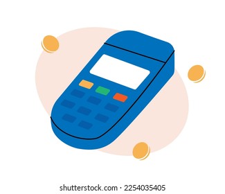 POS terminal. Payment machine. Online payment. Mobile banking app and e-payment. Paying by NFC function. Wireless contactless NFC payments.