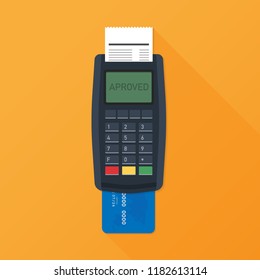 POS terminal. Payment terminal with receipt. Banking and business services. Vector stock illustration