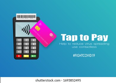 POS Terminal. Payment Terminal With Receipt And Credit Card With Paywave Technology. Business And Health Concept To Prevent Virus Covid-19 From Spreading Use The 