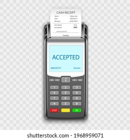 POS terminal with payment receipt. NFC payment processing device. Credit card payment. Realistic vector illustration
