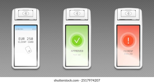 Pos terminal para pagamento em lojas de varejo e pontos de negócios. Vetor 3d realista conjunto de máquina de banco com tela de pagamento aceita e falha. Dispositivo com tecnologia nfc para transação sem contato.