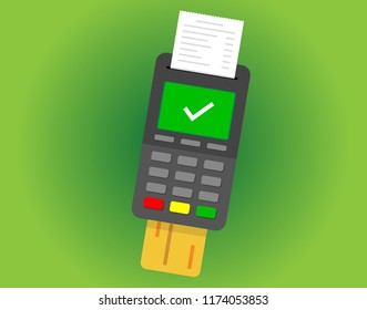 pos terminal payment vector with credit card and check receipt. Outline vector sign isolated. Concept of pos terminal, credit payment machine,  pay sale business bank. Green Check Mark