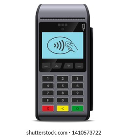 POS terminal or Payment terminal wireless realistic style vector icon concept of contactless payments for purchases in the store isolated. Mobile phone nfc or credit card cashless payment method.