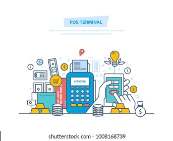 Pos terminal, payments systems. Financial transactions, cashless operation on paymentwith smartphone. Bank card, terminal for buying process, gold coins. Illustration thin line design.