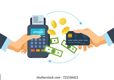 Pos terminal and payments systems. Financial transactions. Hand hold a bank card and payment terminal for the successful payment process. Credit card payment at pos terminal. Vector illustration.