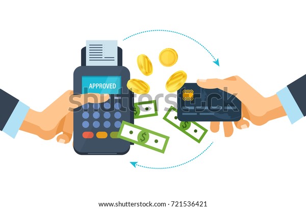 Pos端末と支払いシステム 財務取引 支払処理を成功させるために銀行カードと支払端末を手持ちにします Posターミナルでのクレジットカードの支払い ベクターイラスト のベクター画像素材 ロイヤリティフリー